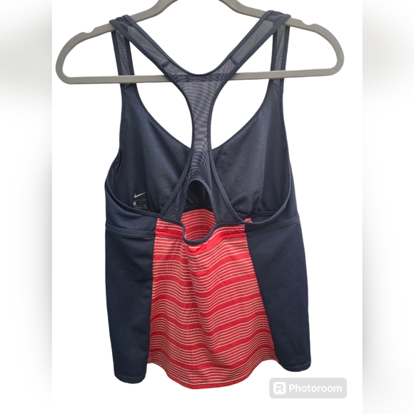 Nike gently worn sporty top with white stripes. Bust padding is not included. - Picture 2 of 3